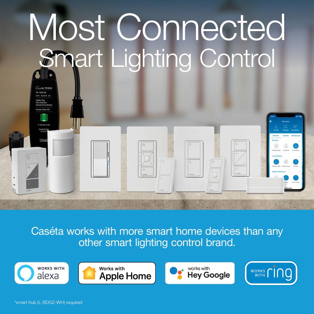 Lutron Diva Smart Dimmer Light Switch for Caseta Lighting (Lutron Smart Hub Required), for LED Lights, 150W, Single-Pole/3-Way, No Neutral, Brown (DVRF-6L-BR)