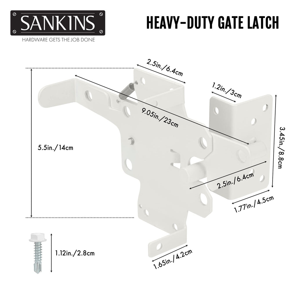 Self-Locking Gate Latch Heavy Duty Post Mount Automatic Gravity Lever for Wooden/PVC Fence, Door Lock with Fasteners Hardware for Secure Pool |Yard | Garden, Steel, White