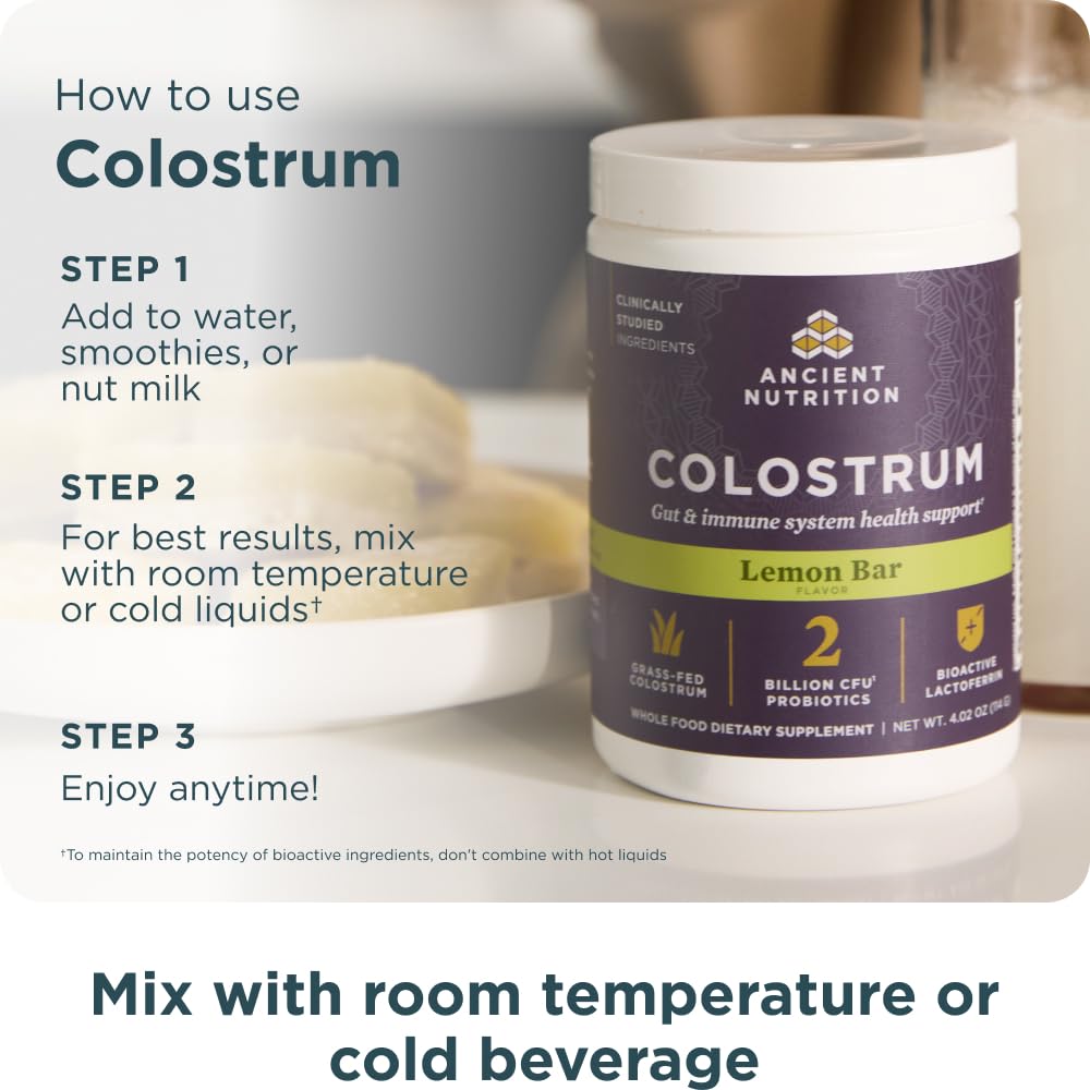 Ancient Nutrition Colostrum Superfood Powder, Grass Fed Bovine Colostrum, Supports Healthy Gut Microbiome and Immune System, Clinically Studied Lactoferrin & Probiotics, Lemon Bar, 60 Servings