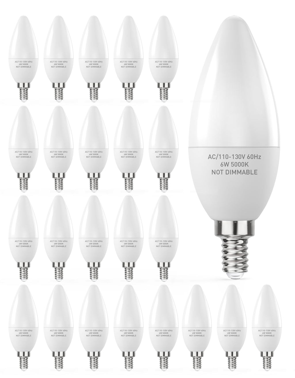 PARTPHONER E12 LED Light Bulbs B11 Candelabra Bulbs 60W Equivalent, Non-Dimmable 6W LED Candle Chandelier Bulb 600 Lumen, 5000K Daylight White, Pack of 24