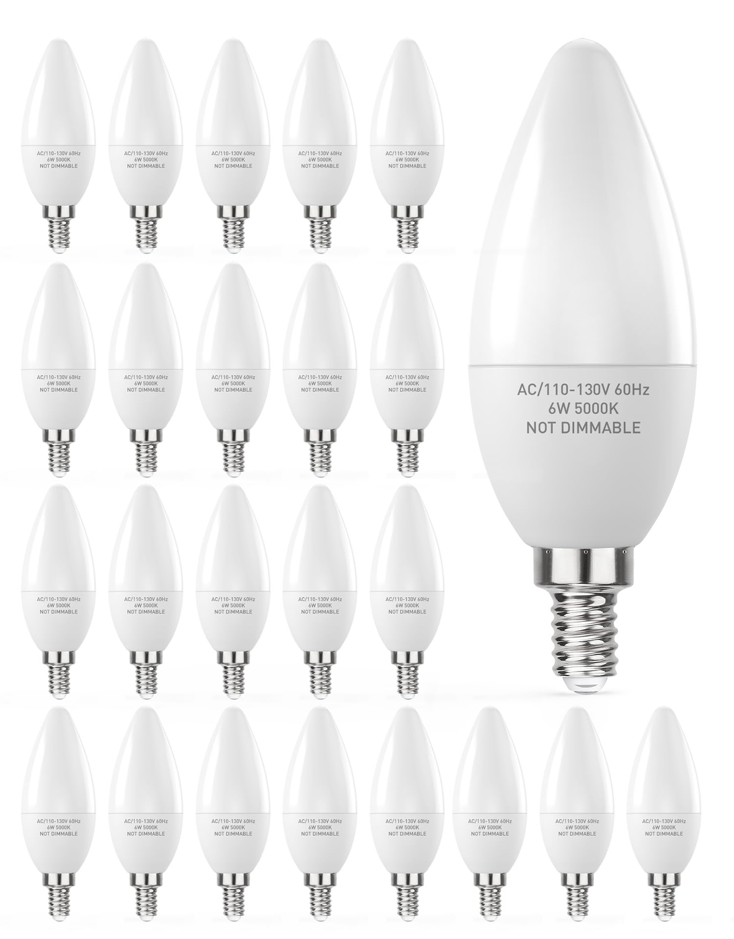 PARTPHONER E12 LED Light Bulbs B11 Candelabra Bulbs 60W Equivalent, Non-Dimmable 6W LED Candle Chandelier Bulb 600 Lumen, 5000K Daylight White, Pack of 24