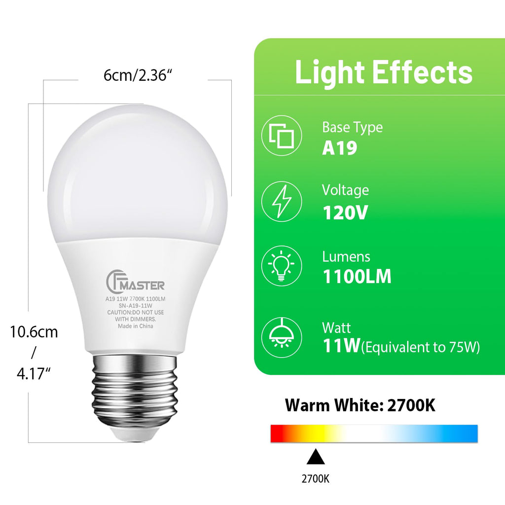 JIANGSILING A19 LED Light Bulb, 75W Equivalent LED Bulb, 11W 2700K Warm White, 1100 Lumens, Non-Dimmable Light Bulbs, CRI 85+, No Flicker E26 Base Bulbs for Home Office, 24-Pack