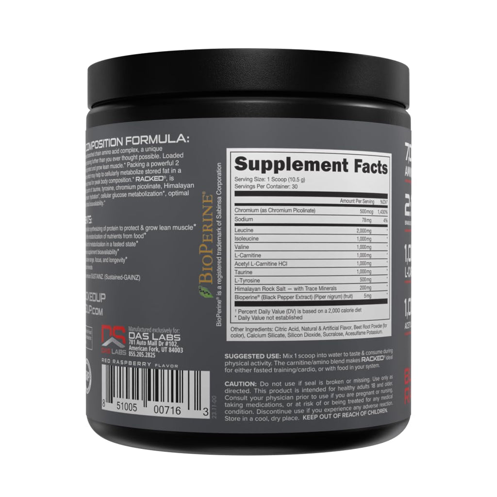 Bucked Up- BCAA RACKED™ Branch Chained Amino Acids | L-Carnitine, Acetyl L-Carnitine, GBB | Post Workout Recovery, Protein Synthesis, Lean Muscle BCAAs That You Can Feel! 30 Servings (Blood Raz)