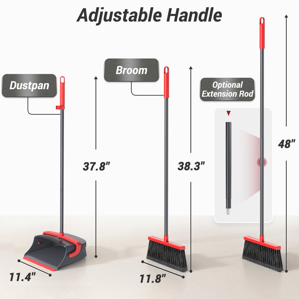 Zeawec Broom with Dustpan Combo Set, Long Handle Upright Standing Self-Cleaning Broom and Dustpan Set for Pet Hair & Dust Cleanup, Indoor Outdoor Use for Home, Kitchen, Office, Red & Gray