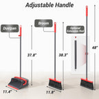 Zeawec Broom with Dustpan Combo Set, Long Handle Upright Standing Self-Cleaning Broom and Dustpan Set for Pet Hair & Dust Cleanup, Indoor Outdoor Use for Home, Kitchen, Office, Red & Gray