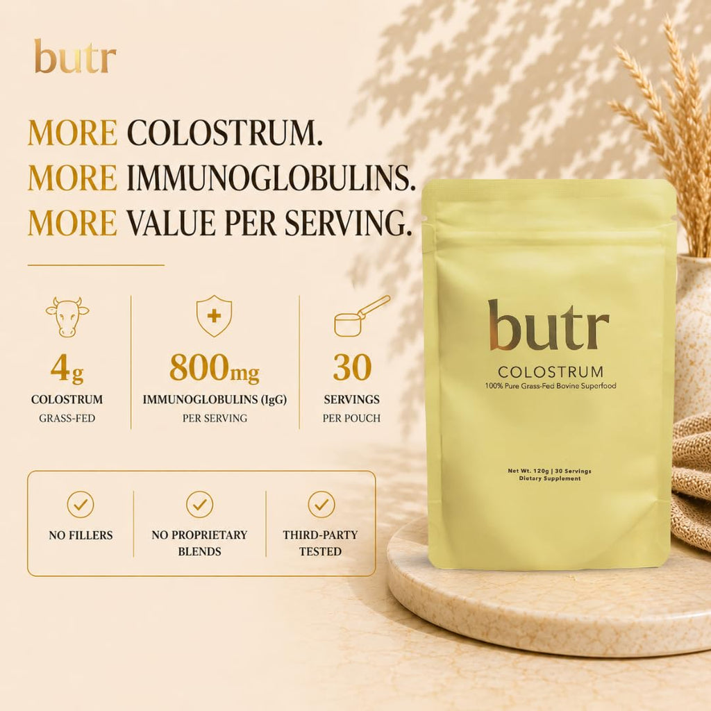 butr Grass-Fed Bovine Colostrum Powder | 4g Colostrum Per Serving | Immunoglobulins | First Day Milking | Gut Health, Immune Support, Recovery & Daily Wellness | Unflavored | 30 Servings