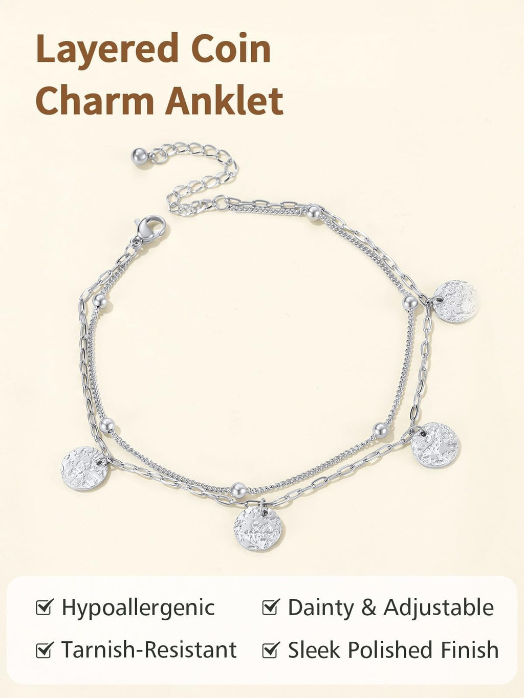 FindChic Stainless Steel Ankle Bracelets for Women, Silver Layered Coin Charm Anklets, Waterproof & Trendy Summer Jewelry