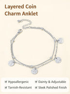 FindChic Stainless Steel Ankle Bracelets for Women, Silver Layered Coin Charm Anklets, Waterproof & Trendy Summer Jewelry