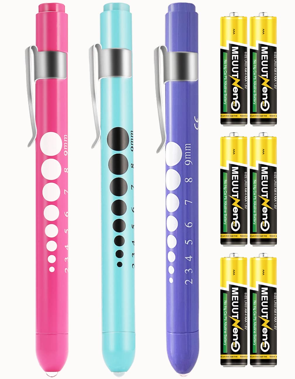 MEUUT Medical Pen Lights for Nurses 3 Pack & 6 AAA Batteries for EMT