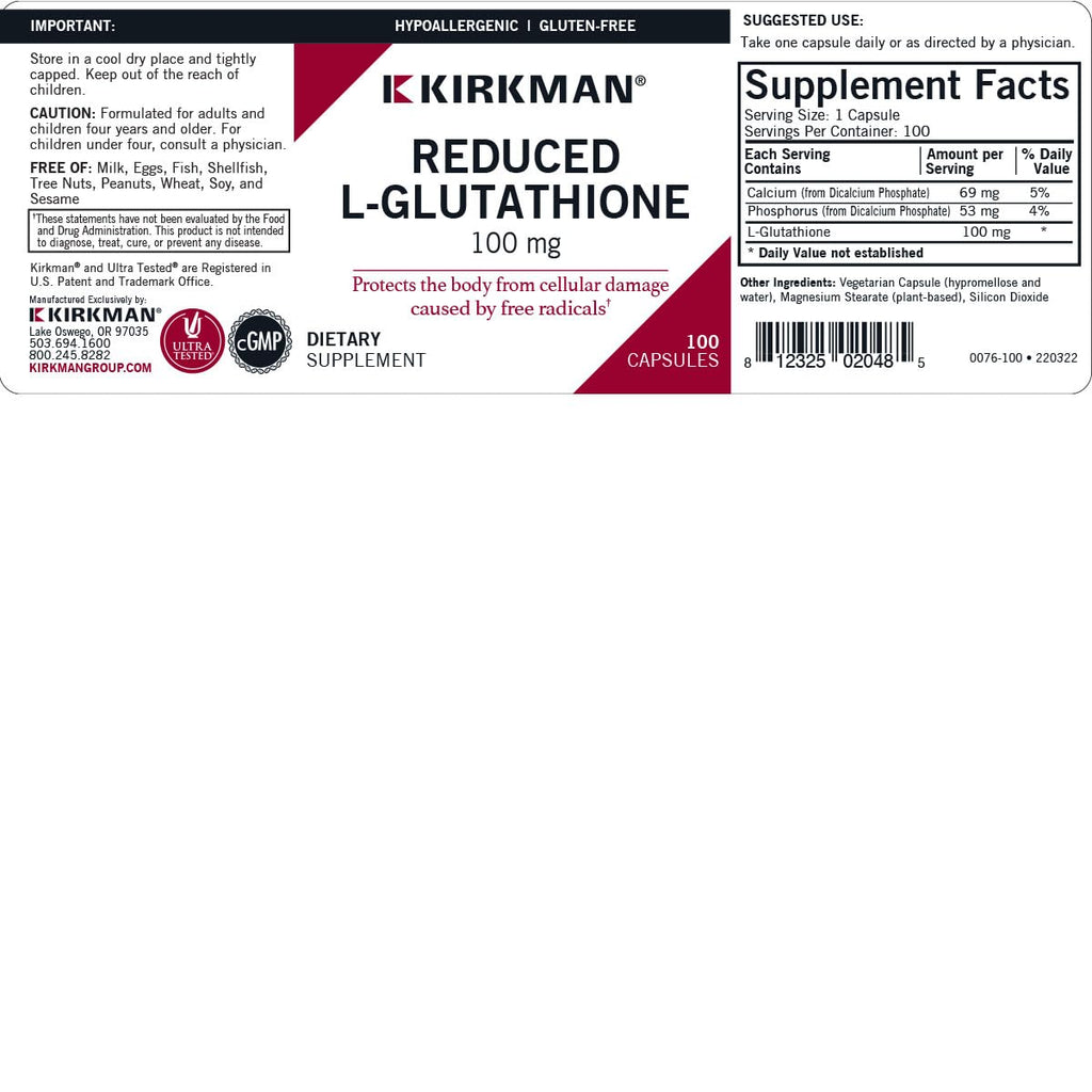 Kirkman Reduced L-Glutathione 100 mg - Hypoallergenic | 100 Vegetarian Capsules | Antioxidant