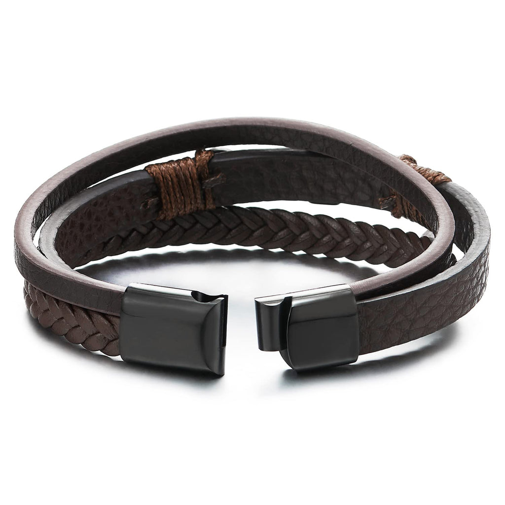 COOLSTEELANDBEYOND Men's Brown Layered Leather Bracelet With Black Cross Bar Centerpiece, Braided and Smooth Strap Design, Black Clasp Wristband, Modern Faith Style Accessory