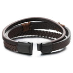 COOLSTEELANDBEYOND Men's Brown Layered Leather Bracelet With Black Cross Bar Centerpiece, Braided and Smooth Strap Design, Black Clasp Wristband, Modern Faith Style Accessory