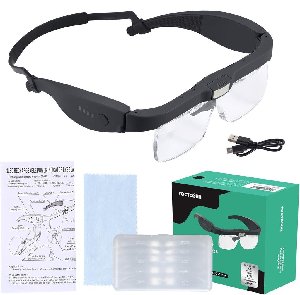 Magnifying Glass with Light, Magnifying Glasses with 5 Detachable Lenses 0.75X-4.0X, Rechargeable Magnifier Headset with 3 LED Lights, Head Magnifier Glasses for Close Work Crafts Jewelry Hobbies