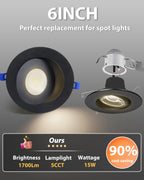 Adetu Recessed Lighting 6 inch, 360°+90° Adjustable Directional 6 inch 5CCT Gimbal Black Led Recessed Lighting, 2700K-5000K Dimmable Retrofit Eyeball Can Recessed Lights with Jbox, ET（Black-12 Pack）