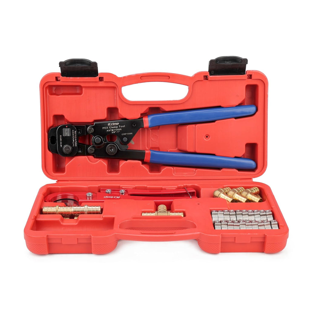 iCrimp PEX Clamp Tool PEX Fitting Kit for Cinch and Removal 3/8-in, 1/2-in, 3/4-in, 1-in PEX Clamps, c/w 1/2''(20 Pack) PEX Clamp Rings, Brass PEX Crimp Fittings(12 Pack), PEX Tubing Cutter