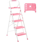 BONTEC 4-Step Ladder, 400lbs Max Load, Folding Step Stool with Tool Tray, Anti-Slip Pedals, Sturdy Steel, Lightweight Portable Ladder with Handrail for Home & Work Use, Pink
