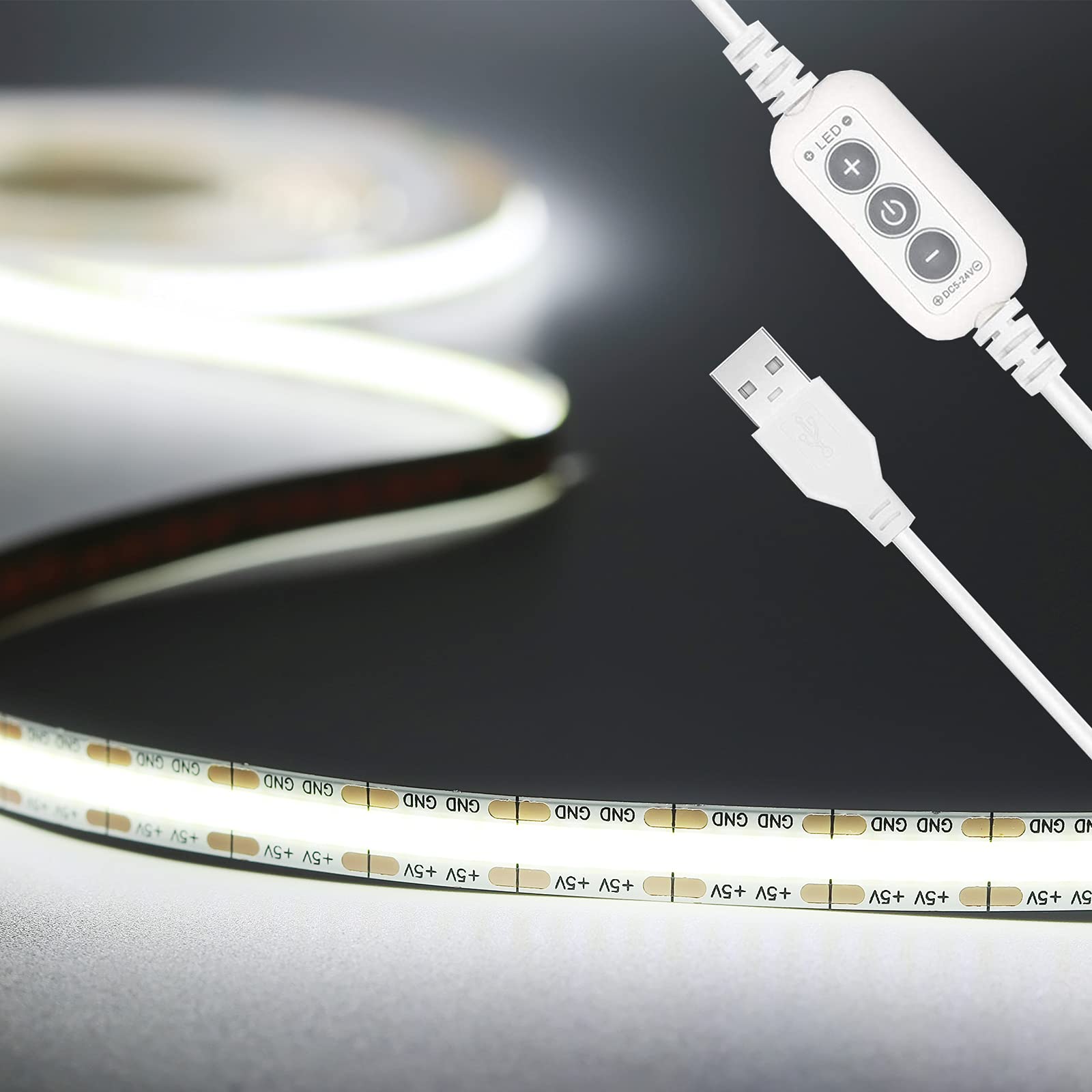PAUTIX 5V USB LED Strip Light 6.56ft/2m, 640LEDs 1200lm Dimmable COB LED Strip 6000K Daylight White CRI90+ USB Powered Backlight for Sewing Machine,Mirror, Cabinet, Wardrobe, DIY Lighting Project