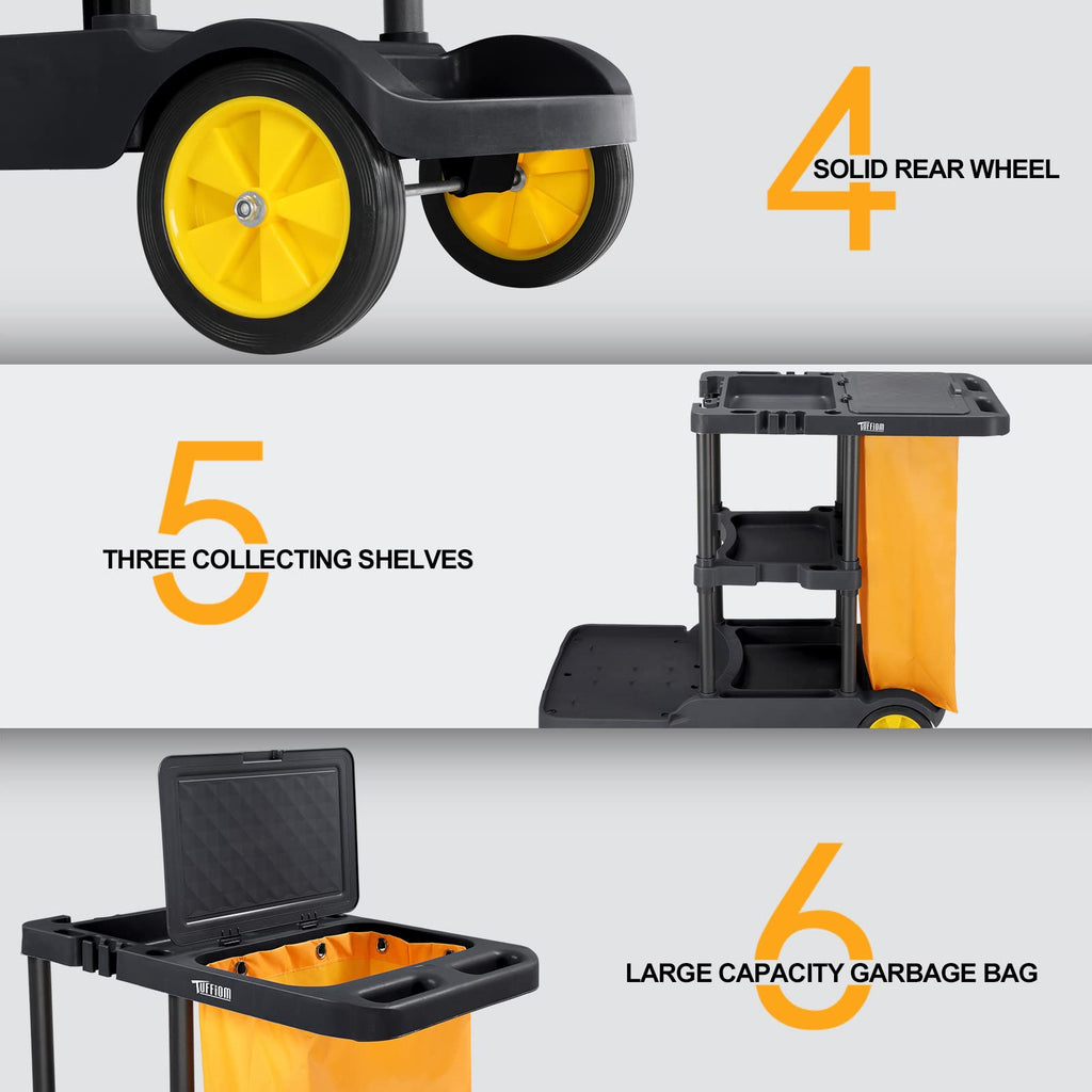 TUFFIOM Extra Large Commercial Traditional Cleaning Janitorial 3-Shelf Cart, 500 Lbs Capacity Housekeeping Cart, 42.5" L x 18.7" W x 37.6" H, Wheeled with 22 Gallon Yellow VinylBag Cover w Lid, Black