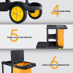 TUFFIOM Extra Large Commercial Traditional Cleaning Janitorial 3-Shelf Cart, 500 Lbs Capacity Housekeeping Cart, 42.5" L x 18.7" W x 37.6" H, Wheeled with 22 Gallon Yellow VinylBag Cover w Lid, Black