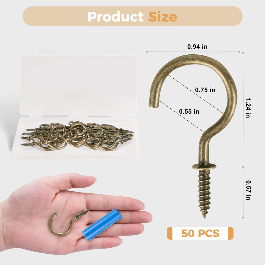 RELBRO Screw Hooks, 1-1/4 Inch Metal Screw in Cup Hooks, Bronze, 50 Pcs