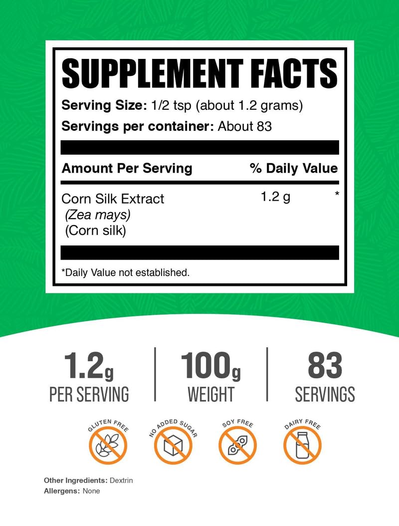 BulkSupplements.com Corn Silk Extract Powder - Corn Silk Supplement, Zea Mays Extract - Vegan & Gluten Free, 1.2g per Serving, 100g (3.5 oz) (Pack of 1)