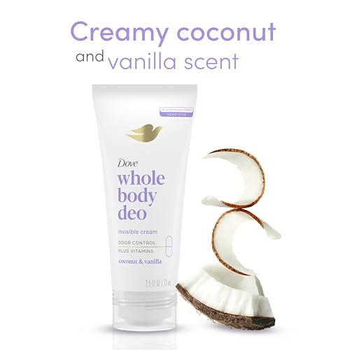 Dove Whole Body Deo Aluminum Free Invisible Cream Deodorant Coconut & Vanilla 72h Odor Control 2.5oz + Dove Advanced Care Antiperspirant Deodorant Stick Caring Coconut Twin Pack 2.6oz