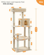 MUTTROS Cat Tree for Large Cats Adult with Metal Plush Big Hammock, 56.3" Cat Tower with 2 Door Condo House, 6-Tier Cat Shelves with Scratching Posts and Large Top Perch, Beige