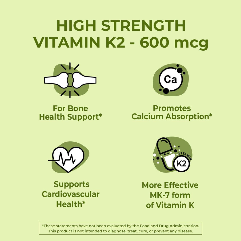 NutriZing K2 Vitamin Supplement MK-7 - High Strength 600mcg - Supports Bone & Arterial Health - 90 Vegan Capsules - Vitamin K2 for Men & Women - 3 Month Supply