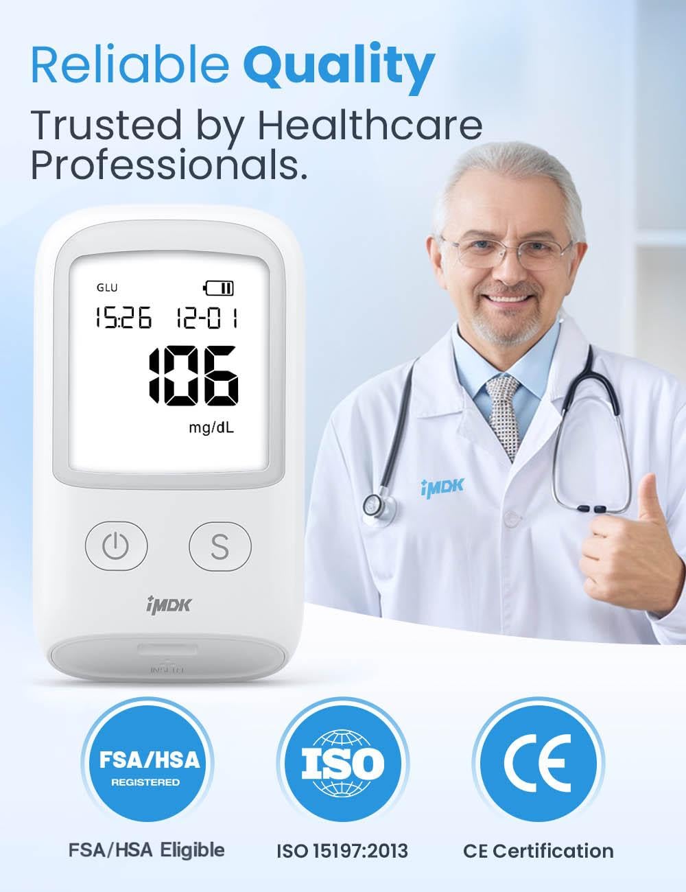 IMDK Blood Glucose Monitor Kit, Clinically Accurate Blood Sugar Test Kit with 100*Glucometer Strips, 100*Lancets, 1*Lancing Devices, No Coding Required