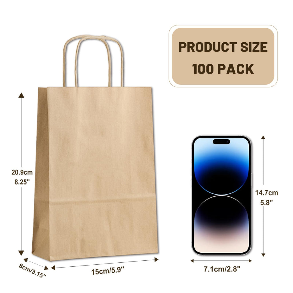LIHOMR Gift Bags 5.9"x3.15"x8.25" 100pcs Brown Kraft Paper Bag with Handles