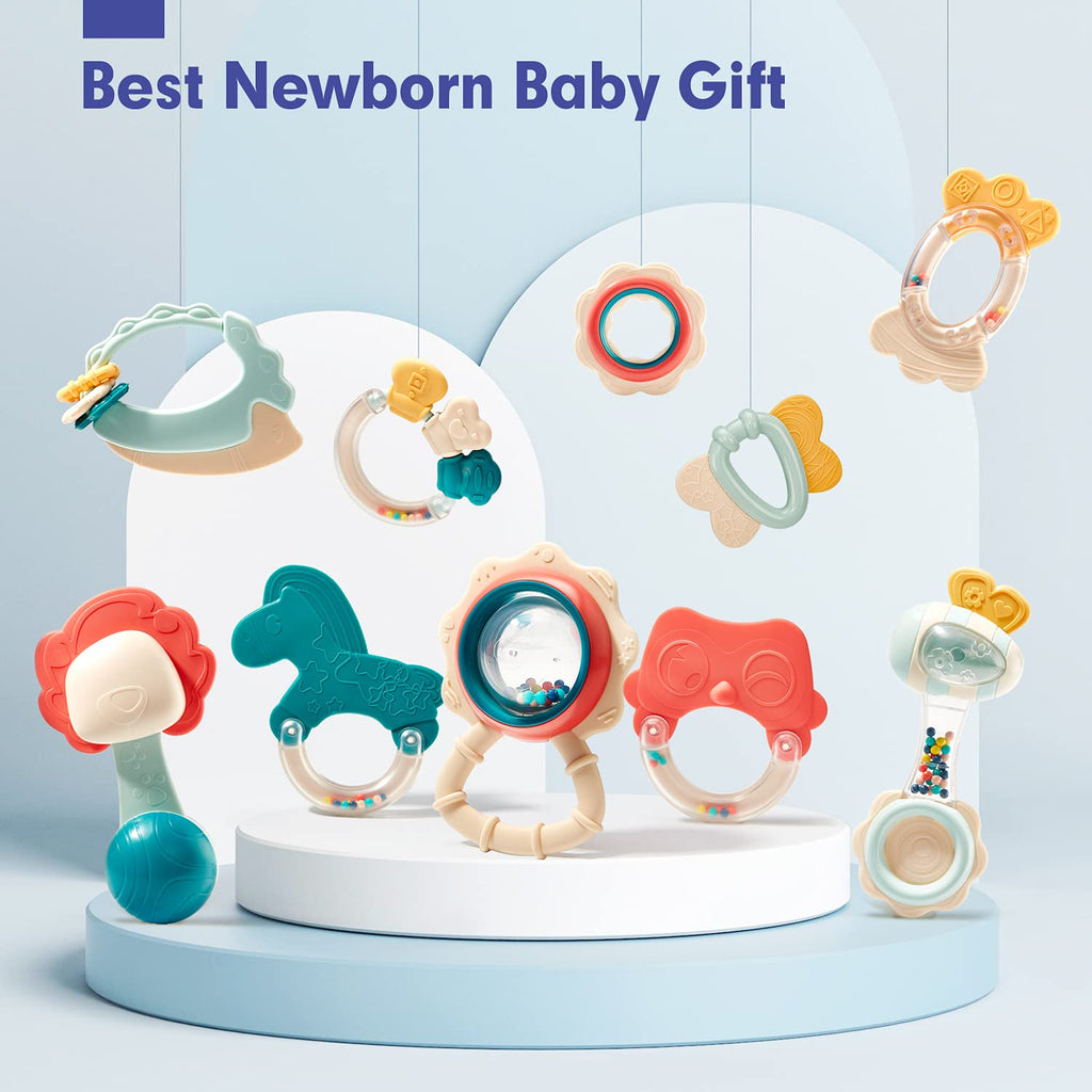 hahaland Baby Toys 0-6 Months - Baby Rattles Teething Toys 3-6 Month, Infant Toys 6-12 Months, Teether Grasping Shaker Toy 3 4 5 6 Month Old Must Haves Neutral Gifts Christmas Baby Stocking Stuffers