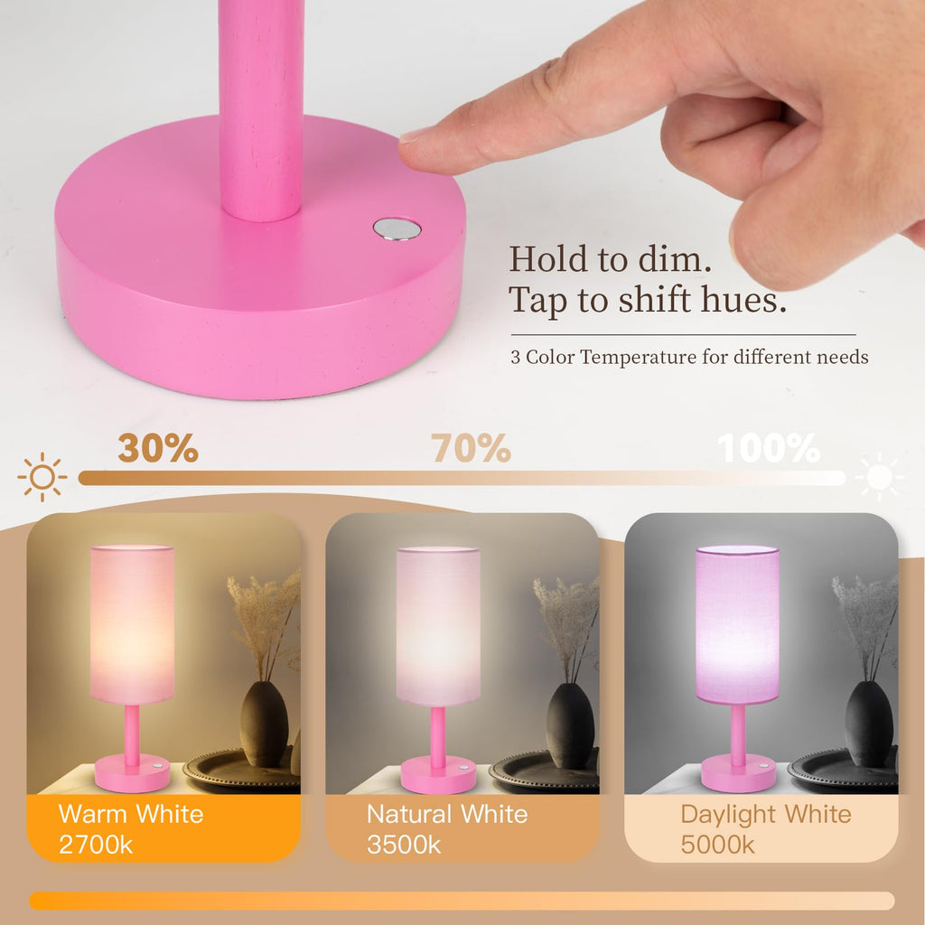 LALISU Small Table Lamp Nightstand Lamp Linen Lampshade Bedroom Wood Base Small Bedside Lamp for Night Stands, Desk Lamps for Reading Living Room, Office (LED Bulb Included) (Pink)