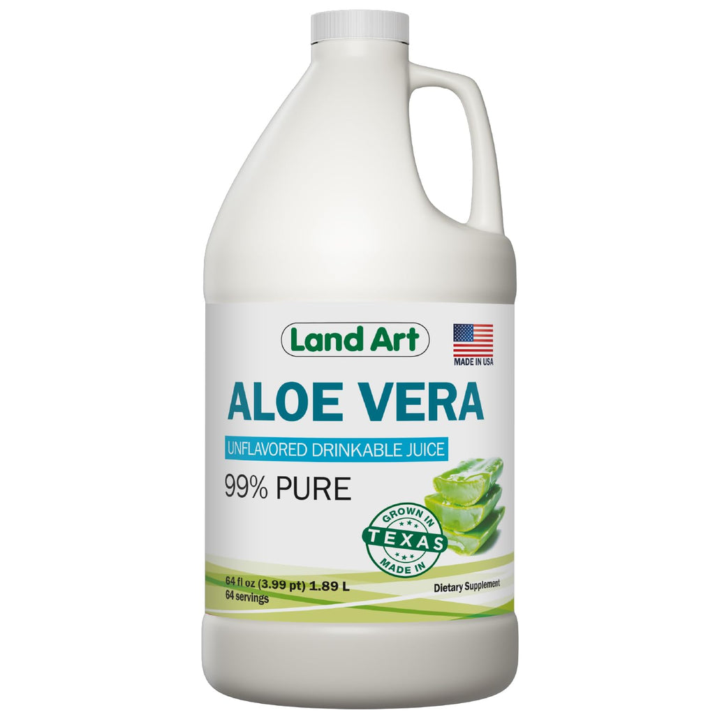 Land Art - Pure Aloe Vera Juice Unflavored – Cold-Processed - 99.7% Organic Aloe Vera Inner Fillet from Fresh Texas Leaves – Digestive Health, Detox and Natural Wellness – 64 fl oz