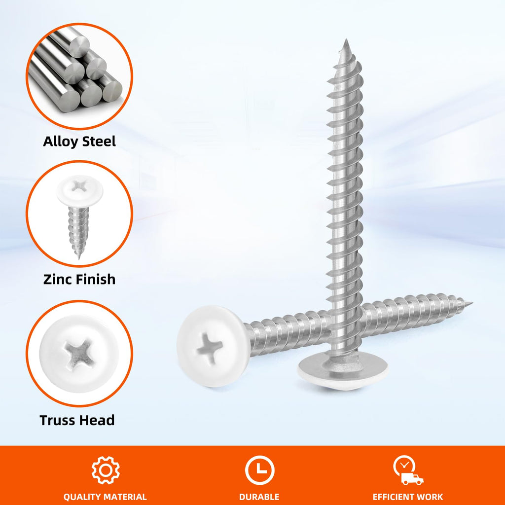 MewuDecor #8 x 5/8" Truss Head Fast Self Tapping Screws, Alloy Steel Wood Screws, White Head, 100 PCS