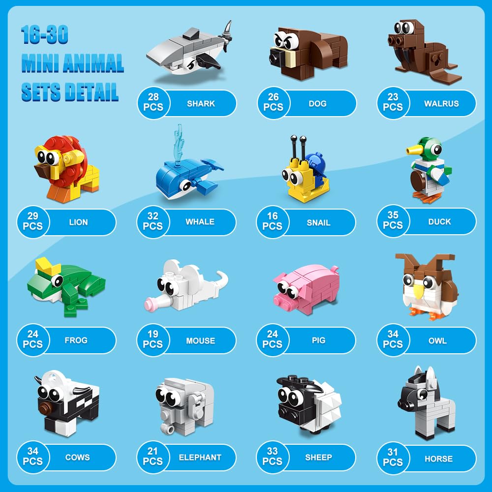 HOGOKIDS 30 Packs Party Favors for Kids - 867PCS Animals Building Blocks Sets for Classroom Prizes Goodie Bag Fillers Stocking Stuffers Birthday Valentines Easter Gifts for Kids Boys Girls 6+