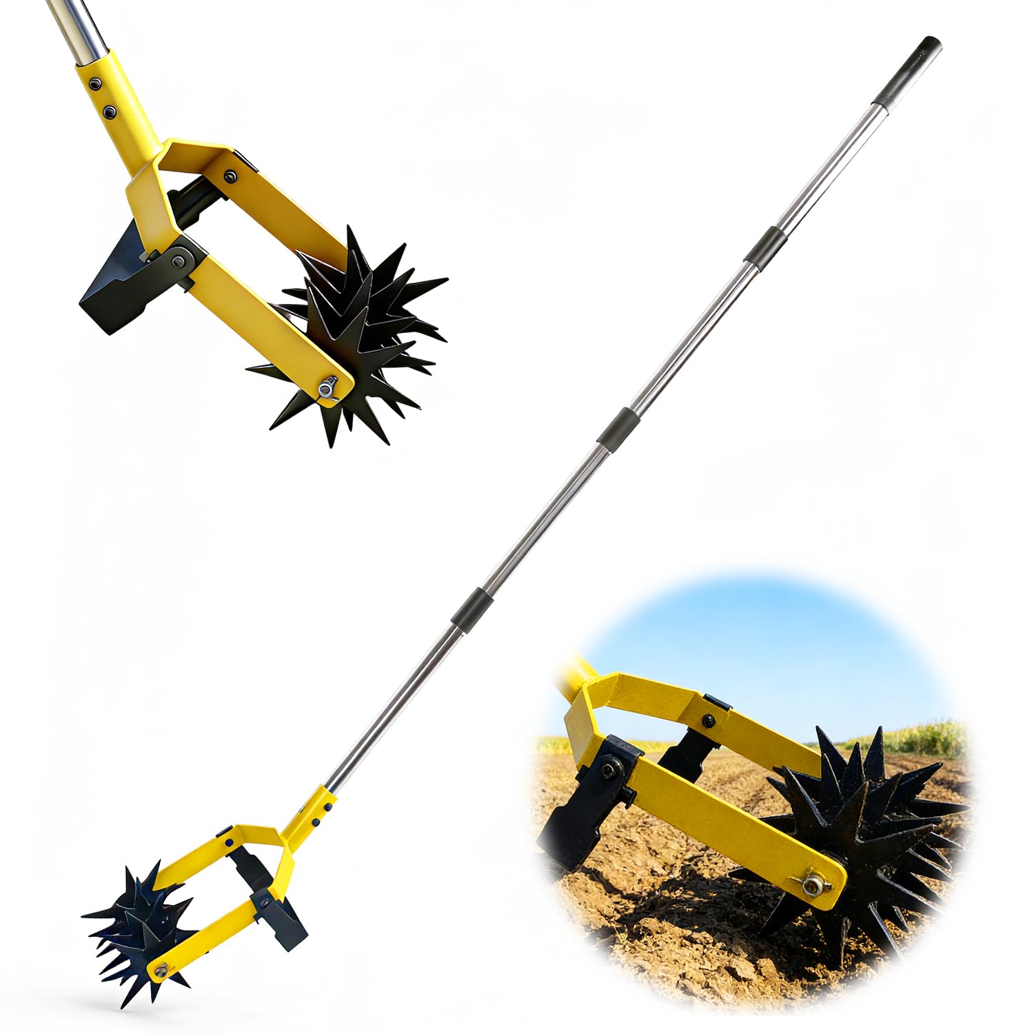 2-in-1 Garden Rotary Cultivator Tool Adjustable Handle Lawn Tools Hand Rotary Tiller for Loosening Soil and Lawn Care, Reseeding Grass, Weeder, Soil Mixing, Manual Yard Tiller