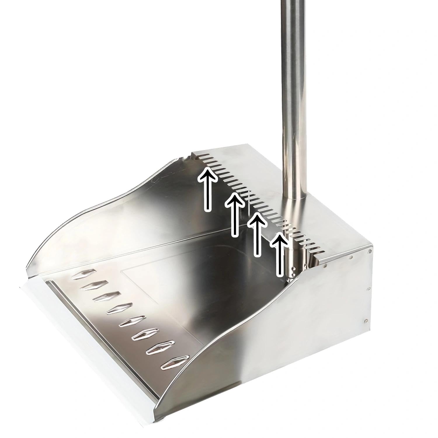 Metal Dustpan Long Handle Stainless Steel Dustpan,Heavy Duty Standing Dust Pan with Teeth, Indoor Outdoor Up for Home Kitchen Lobby Room Office