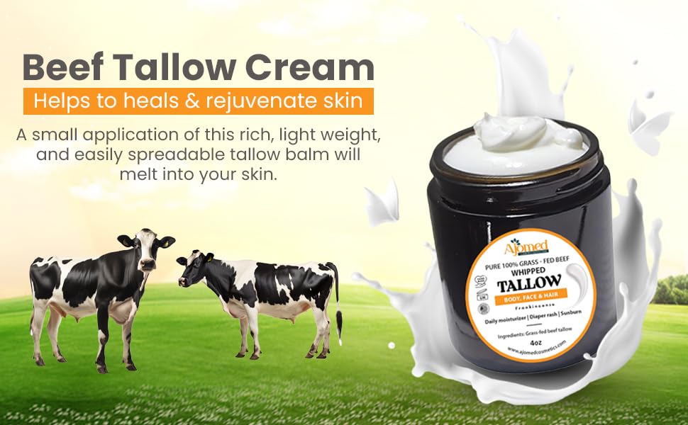 100% Pure Whipped Tallow Cream - Organic tallow skincare handmade grass fed beef tallow balm for skin Butter- tallow Face Body eczema| Tallow skincare cream-4 floz (UNSCENTED)