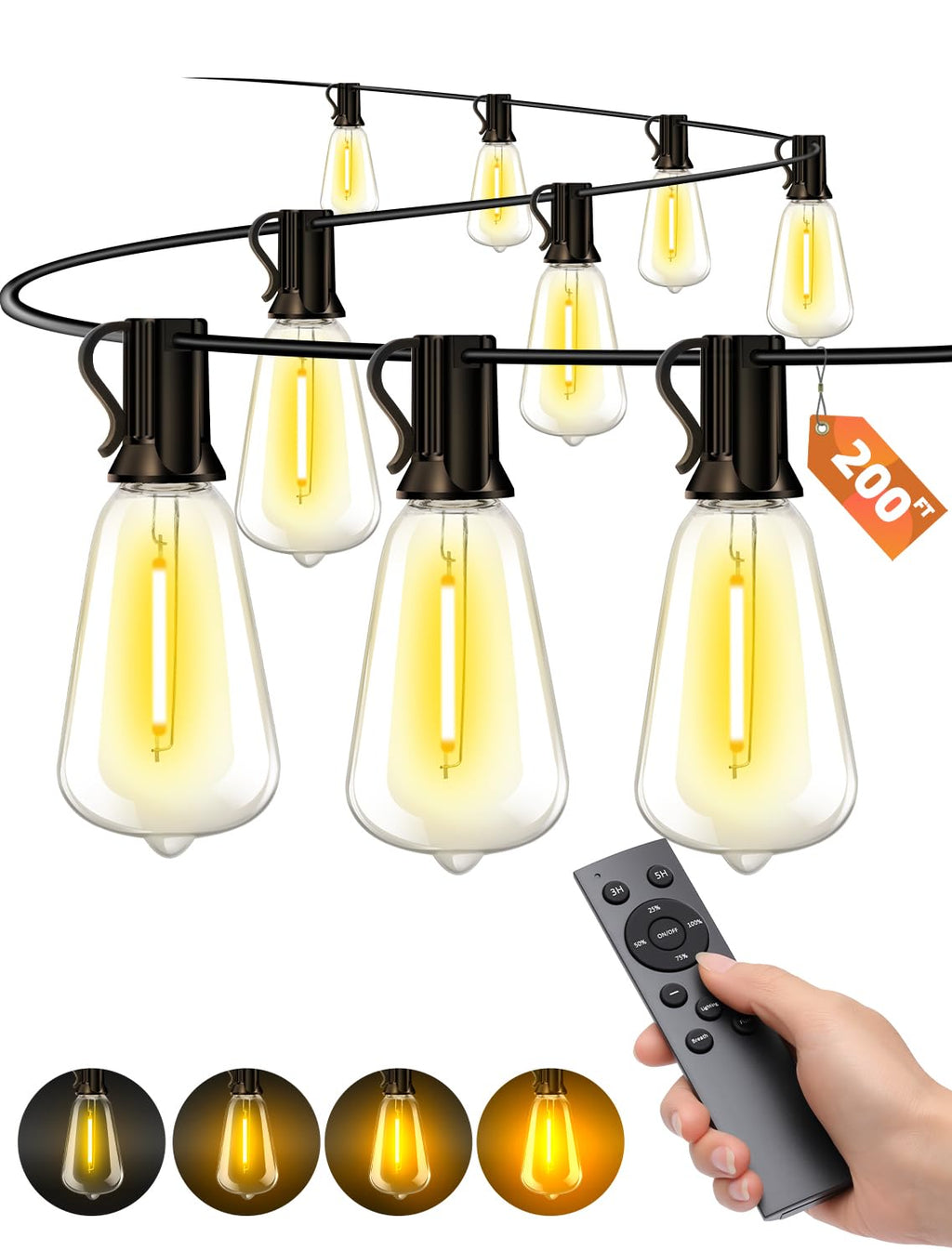 VOZUJI Outdoor Patio String Lights: 200Ft 60M Outside Waterproof Light - Remote Dimmable ST38 Shatterproof Bulb Connectable Hanging Outdoor Electric Lighting - Backyard Yard Gazebo Porch Party
