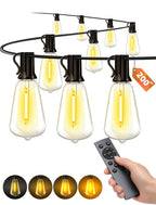 VOZUJI Outdoor Patio String Lights: 200Ft 60M Outside Waterproof Light - Remote Dimmable ST38 Shatterproof Bulb Connectable Hanging Outdoor Electric Lighting - Backyard Yard Gazebo Porch Party