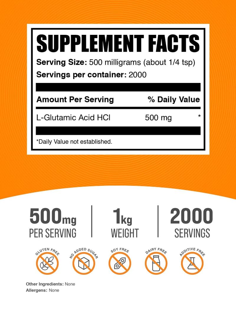 BulkSupplements.com L-Glutamic Acid HCl Powder - Amino Acid Supplement, Glutamate Supplement - for Gut Health, Glulten Free, 500mg per Serving, 1kg (2.2 lbs) (Pack of 1)