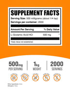 BulkSupplements.com L-Glutamic Acid HCl Powder - Amino Acid Supplement, Glutamate Supplement - for Gut Health, Glulten Free, 500mg per Serving, 1kg (2.2 lbs) (Pack of 1)