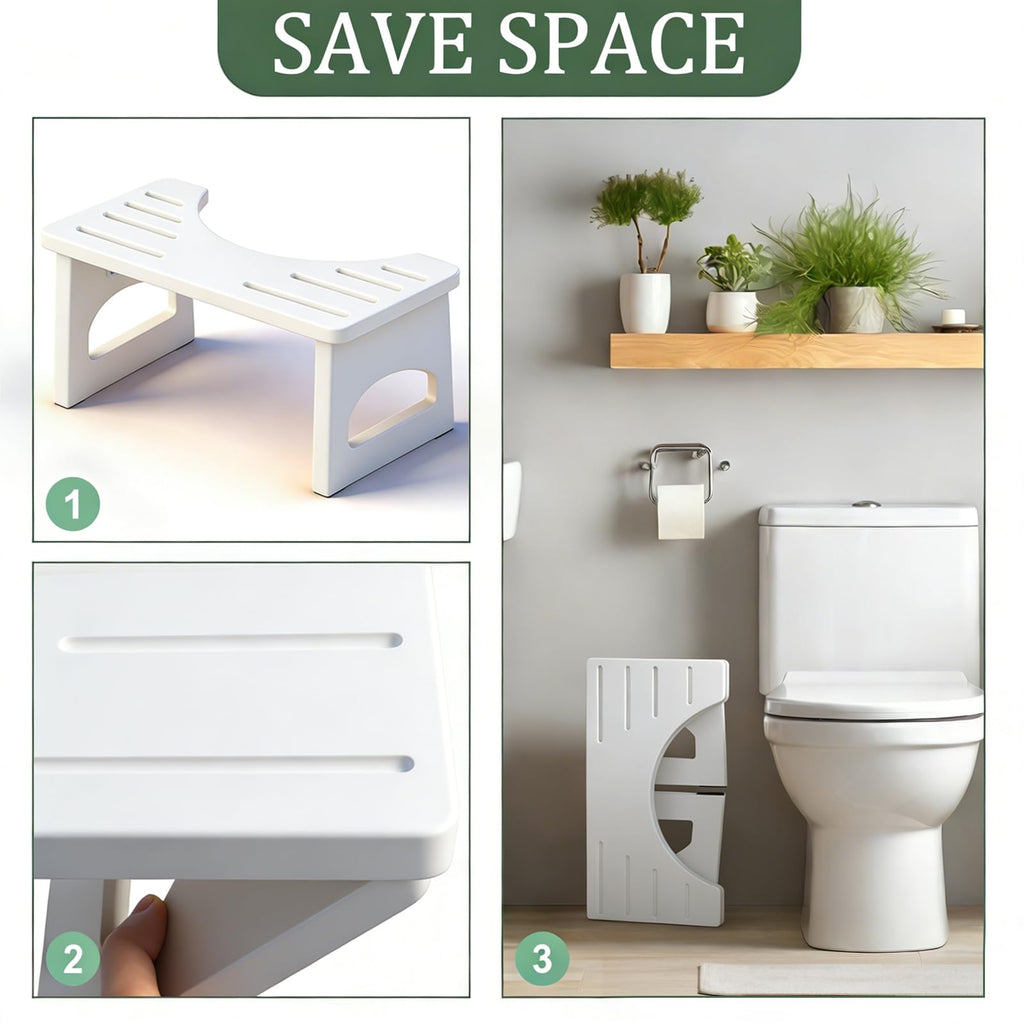 Foldable Toilet Stool, 7 Inch Poop Stool for Bathroom, Bamboo Toilet Stool Squat Adult, Collapsible Squatting Potty Stool with Non-Slip Strip - Improve Squatting Posture and Comfort, White
