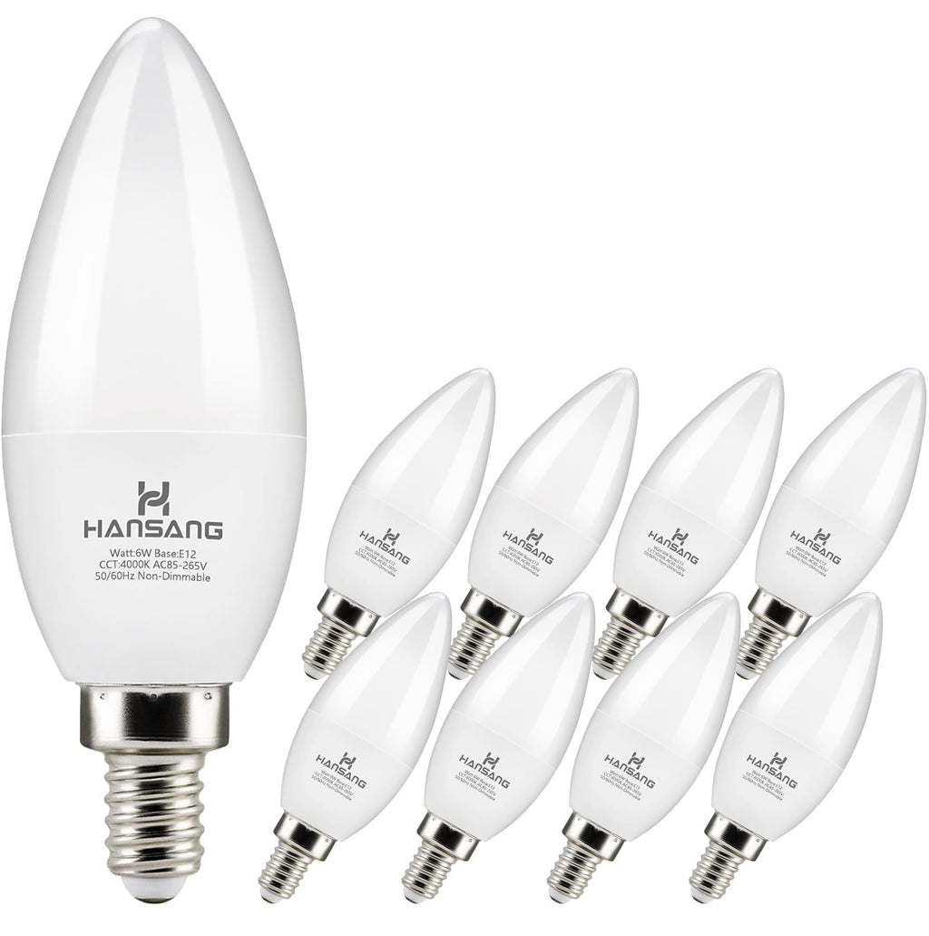hansang 8 Pack E12 Candelabra LED Light Bulbs 4000K Natural Daylight, Small Base Type B Light Bulb for Chandelier, 6W 60Watt Equivalent, B11 Ceiling Fan Light Bulbs, 600LM, Non-dimmable