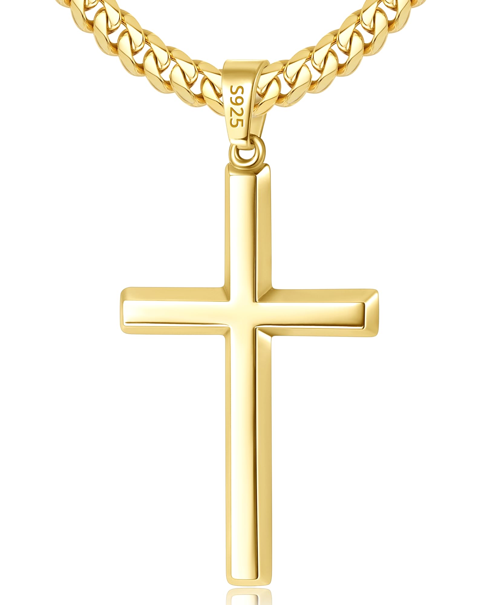 Lovjewl 18K Gold Cross Necklace for Men, Gold Cross Pendant Necklace with 4mm Stainless Steel Cuban Link Chain, Mens Chain Necklaces, Gold Chains for Men 22 Inch