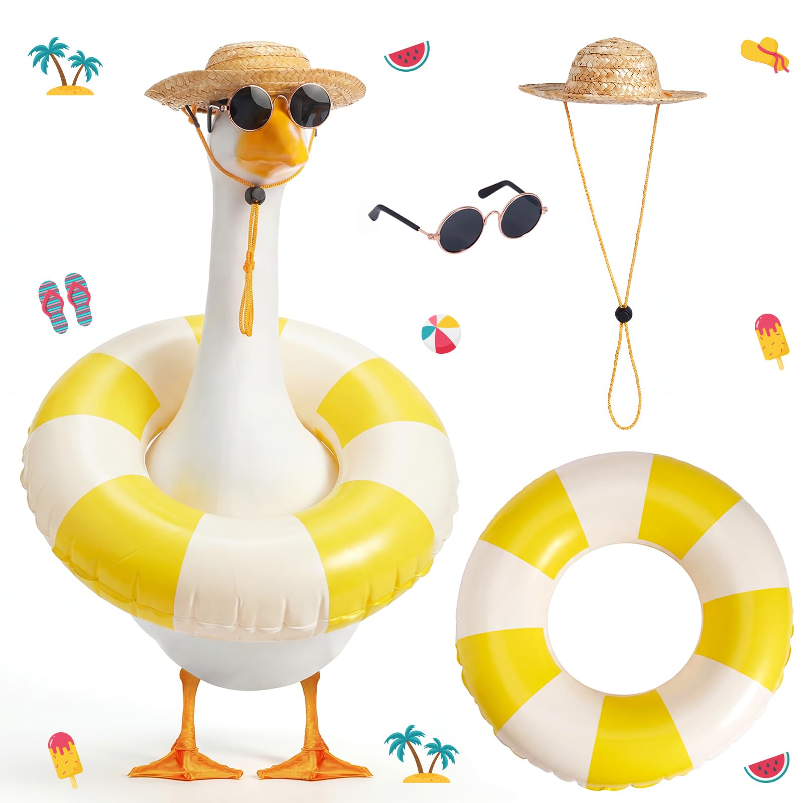Bafeil Porch Goose Summer Outfit 3PCS Set, Straw Hat, Swim Ring, Sunglasses