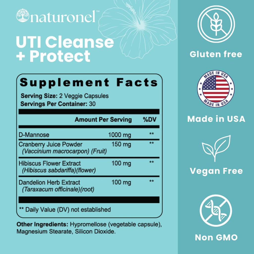 Naturonel UTI Cleanse + Protect (3 Pack) Urinary Tract Support with D-Mannose, Cranberry, Hibiscus & Dandelion | Advanced Formula, Dietary Supplement - Non-GMO, Made in USA, GMP Certified