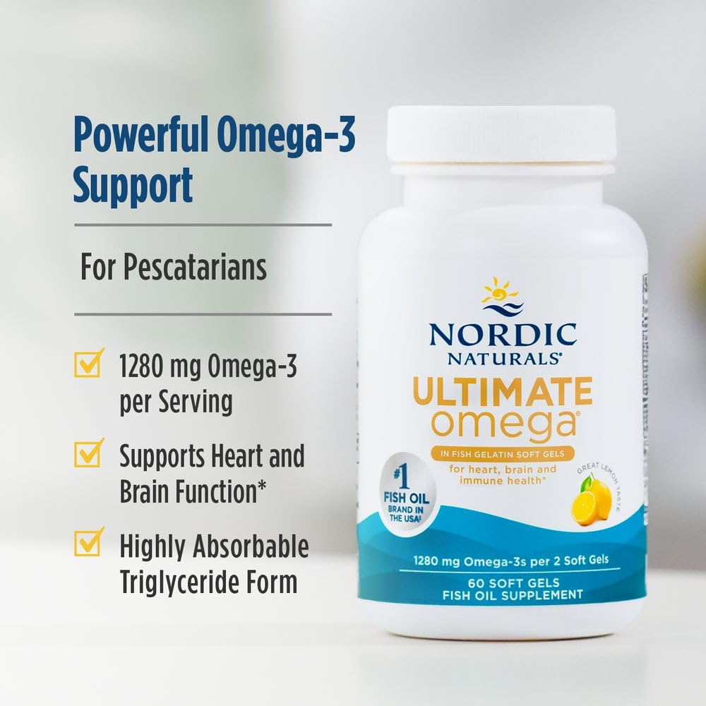Nordic Naturals Ultimate Omega in Fish Gelatin, Lemon Flavor - 60 Soft Gels - 1280 mg Omega-3 - High-Potency Fish Oil Supplement - EPA & DHA - Promotes Brain & Heart Health - Non-GMO - 30 Servings