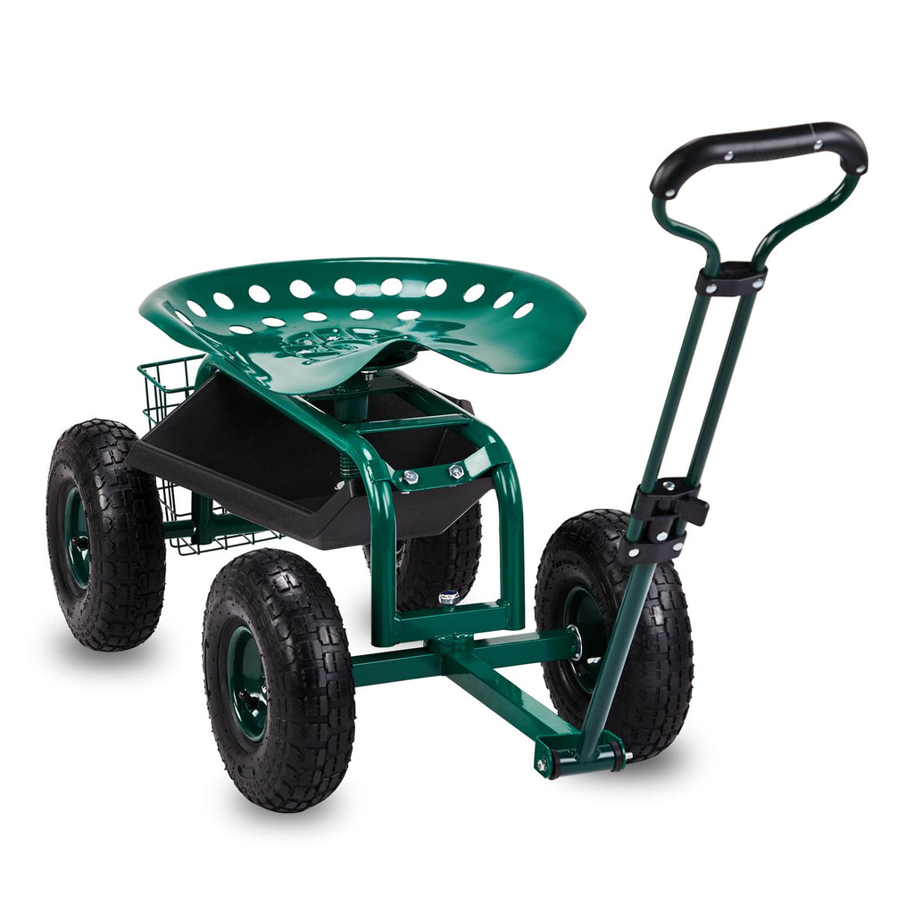 VINGLI Garden Cart with Rolling Seat, Wheels, Adjustable Steering Handle & Utility Tool Tray, Planting Wagon Scooter, Gardening Tool for Senior, for Patio, Backyard, Lawn & Outdoor (Green)