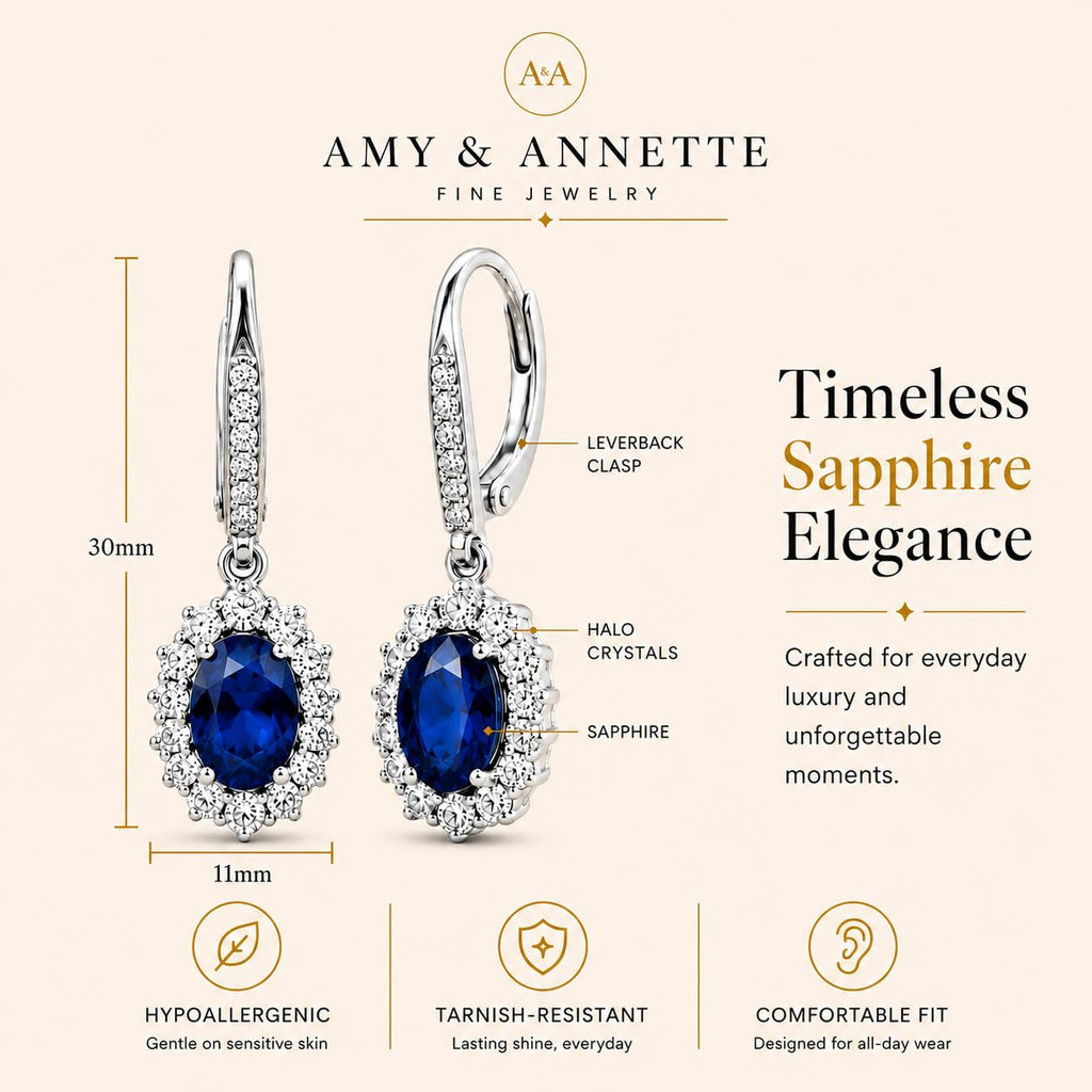 Amy & Annette Blue Sapphire Earrings - 18k White Gold Plated Leverback Drop and Dangle Halo Earring for Women - Great Gift Idea for Every Occasion
